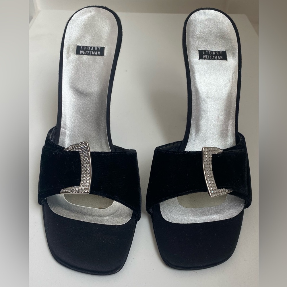 Stuart Weitzman black velvet heels / slides w/ rhinestone buckles. Like new. 10